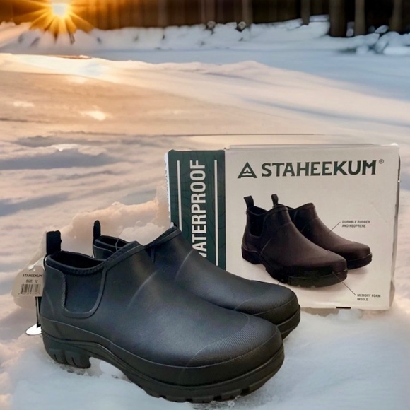 Staheekum Men's Ankle Waterproof Rain Boots BLACK 11 Slip Resistant Mem Foam NIB - Picture 1 of 10
